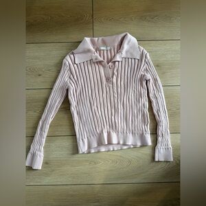 Ribbed V-Neck Polo Sweater in Light Pink